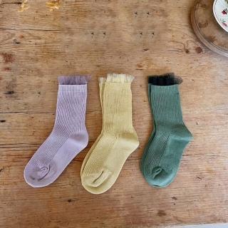 【韓國 Poisson】嬰幼童 網紗荷葉邊羅紋短襪3雙組(現貨速達)