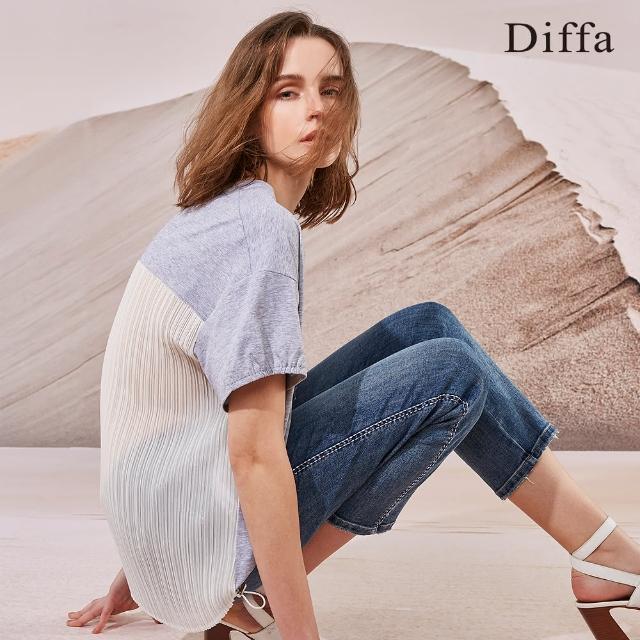【Diffa】異素材拼接壓褶針織衫-女