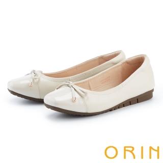 【ORIN】異材質拼接蝴蝶結真皮方頭平底鞋(米白)