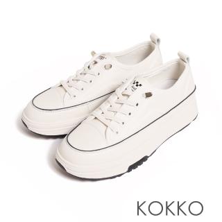 【KOKKO 集團】厚底增高異材質包邊鬆緊鞋帶休閒鞋(米色)
