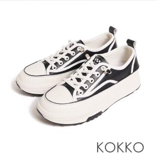 【KOKKO 集團】厚底增高異材質包邊鬆緊鞋帶休閒鞋(黑色)
