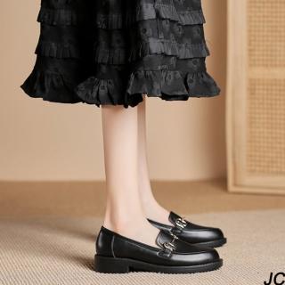 【JC Collection】英倫風金屬釦圓頭時尚厚底粗跟懶人樂福鞋(黑色)
