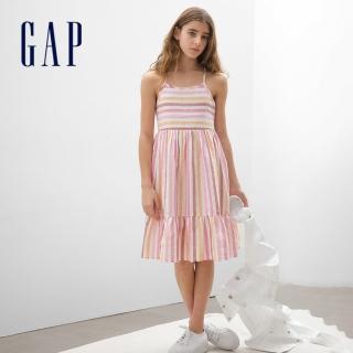 【GAP】女童裝 亞麻條紋吊帶洋裝-粉黃條紋(601068)