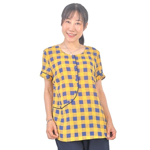 【GT】春夏時尚精選-圓領藍黃色格紋布短袖上衣(圓領 格紋 上衣 短袖 縫釦)