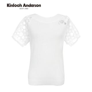 【Kinloch Anderson】甜美蕾絲網紗袖熊熊燙鑽設計上衣 圓領T恤 短袖上衣 金安德森女裝(白)