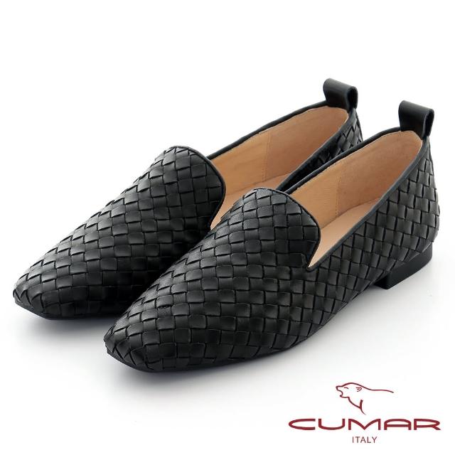 【CUMAR】方頭皮革編織樂福平底鞋(黑色)
