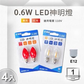 【E極亮】LED E12 0.6W 110V 尖清燈泡 黃光 紅光-4入組(LED E12 神明燈 省電)