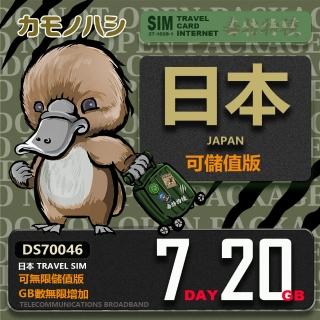 【鴨嘴獸 旅遊網卡】Travel Sim 日本7天20GB 網卡(漫遊卡 日本上網 日本網卡)