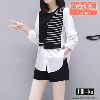 【JILLI-KO】時尚條紋不規則馬甲拼接襯衫-L/XL(白)