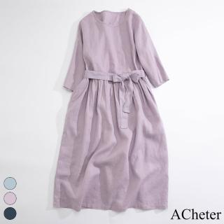【ACheter】亞麻感連身裙腰帶收腰遮肚子顯瘦七分袖圓領純色大擺長裙洋裝#116554(3色)