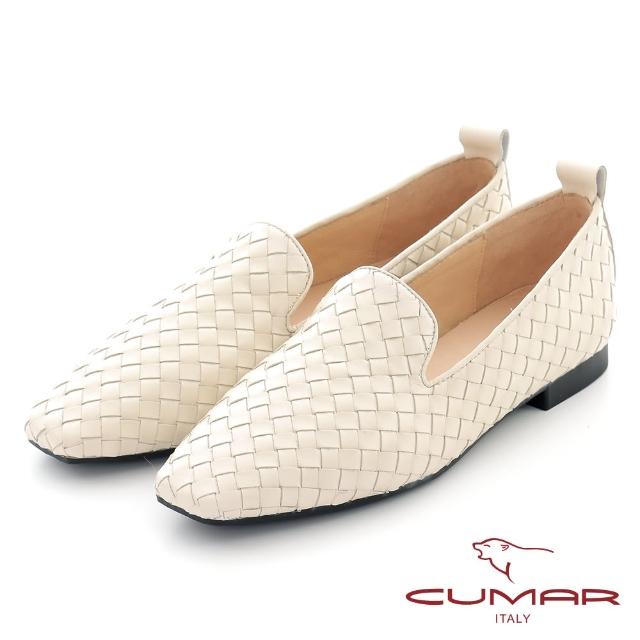 【CUMAR】方頭皮革編織樂福平底鞋(白色)