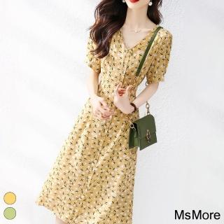 【MsMore】時尚氣質優雅V領印花寬鬆韓版顯腰身連身裙短袖長版洋裝#116592(2色)