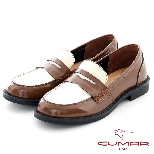 【CUMAR】復古光感全真皮樂福低跟鞋(棕色)