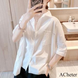 【ACheter】日韓白色棉襯衫五分短袖休閒百搭中長版上衣#116657(白色)