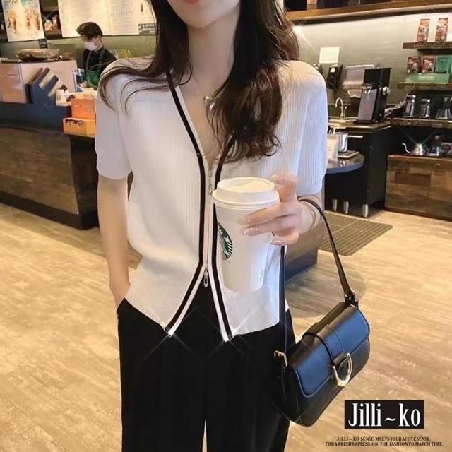 【JILLI-KO】小香風簡約設計雙拉鍊針織衫-F(白/黑)