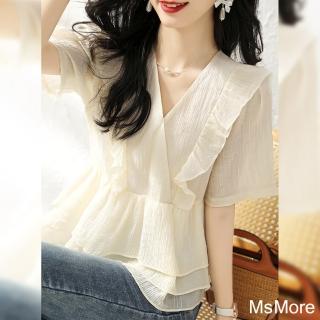 【MsMore】荷葉風時尚氣質優雅白色法式V領顯瘦韓版短袖短版上衣#116358(白色)