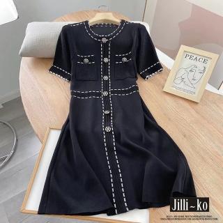 【JILLI-KO】明線設計細節鈕扣收腰針織連衣裙-F(黑)