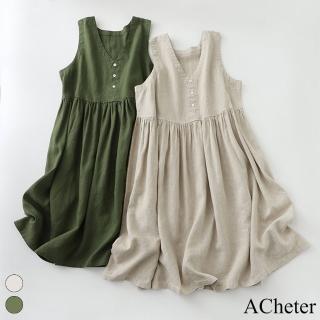 【ACheter】V領純色背心連身裙前後兩穿減齡文藝棉麻無袖寬鬆中長洋裝#116513(2色)