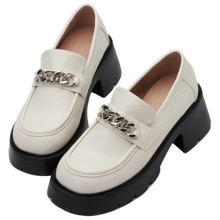 【Grace Gift】個性女孩鏈條厚底鋸齒樂福鞋(米白)