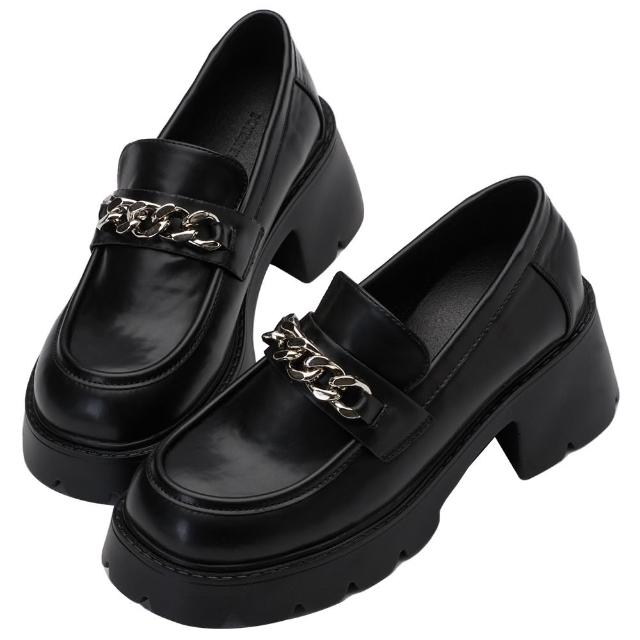 【Grace Gift】個性女孩鏈條厚底鋸齒樂福鞋(黑)