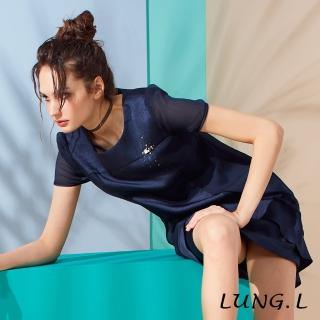 【LUNG.L 林佳樺】LH38H#緞面藍色拼接雪紡造型下擺短袖洋裝(女裝洋裝)