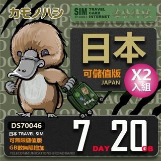 【鴨嘴獸 旅遊網卡】雙人優惠 Travel Sim 日本 網卡 7天 20GB 2入組(漫遊卡 日本上網 日本網卡)