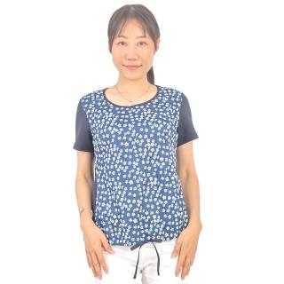 【GT】春夏時尚精選-圓領小花朵布拼接藍色短袖衫(圓領 短袖 上衣 休閒)