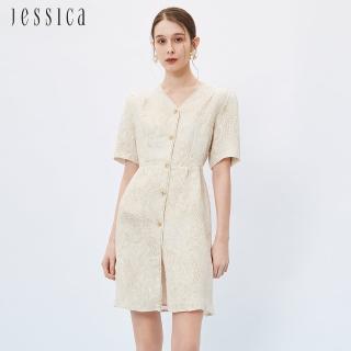 【JESSICA】典雅輕奢真絲浮雕提花V領紐扣短袖洋裝233Z7C