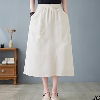 【JC Collection】純棉全素色拼接復古雙口袋修長顯瘦中長裙(黑色、白色、咖啡色)