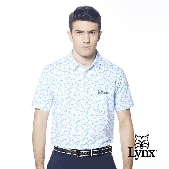 【Lynx Golf】男款吸溼排汗機能滿版數位迷彩圖樣印花胸袋款短袖POLO衫(天空藍色)