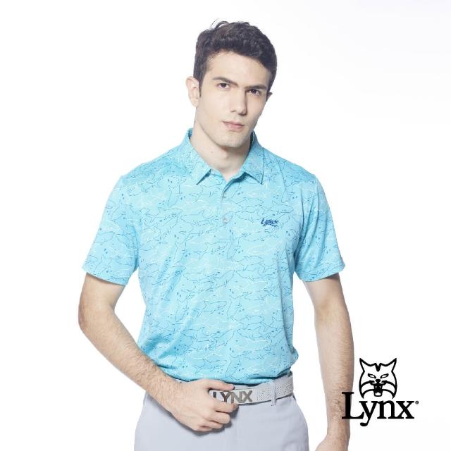【Lynx Golf】男款吸溼排汗機能滿版海洋鯊魚圖樣印花短袖POLO衫(藍綠色)