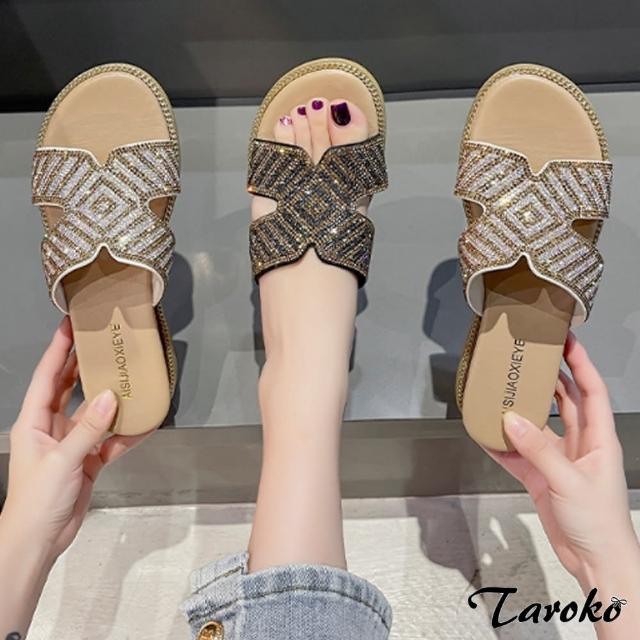 【Taroko】時髦閃亮幾何圖形低跟平底涼鞋(2色可選)