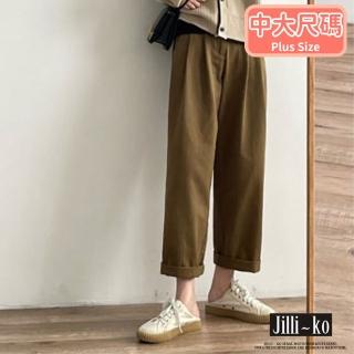 【JILLI-KO】復古高腰工裝寬鬆休閒闊腿直筒褲-L/XL/XXL(深卡)