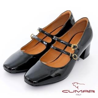 【CUMAR】方頭漆皮粗跟雙帶瑪莉珍鞋(黑色)