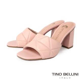 【TINO BELLINI 貝里尼】巴西進口牛皮精緻縫衍粗跟涼拖鞋FSTO002(粉)