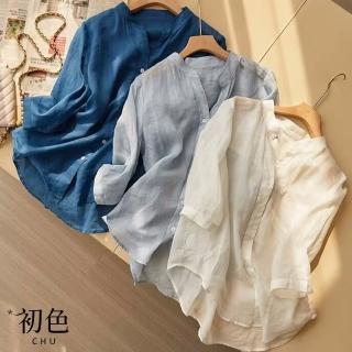 【初色】涼爽透氣純色寬鬆棉麻風七分袖襯衫上衣女上衣-共3色-67167(M-2XL可選)