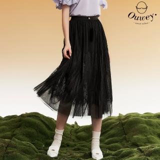 【OUWEY 歐薇】浪漫個性風雙層蕾絲網紗透視膝下裙(黑色；S-L；3232438214)