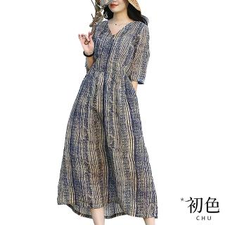 【初色】涼爽透氣棉麻風復古條紋寬鬆連衣裙洋裝-藍色-61460(M-2XL可選)