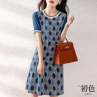 【初色】清涼感撞色圓領印花連身連衣裙洋裝-藍色-67279(M-XL可選)