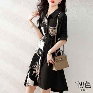 【初色】清涼感藝術印花拼接收腰連身連衣裙洋裝-黑色-67280(M-XL可選)