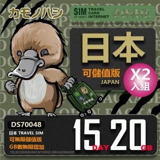 【鴨嘴獸 旅遊網卡】雙人優惠 Travel Sim 日本 網卡 15天 20GB 2入組(漫遊卡 日本上網 日本網卡)