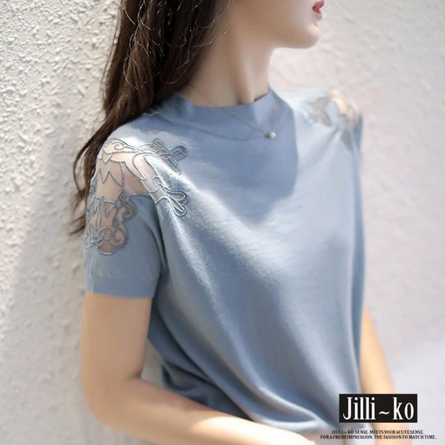 【JILLI-KO】時尚網紗刺繡小圓領冰絲針織衫-F(白/藍)