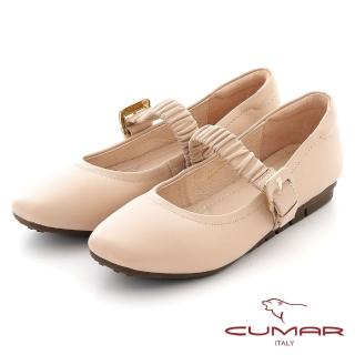 【CUMAR】時髦小方頭蓬鬆皺褶腳背帶瑪莉珍平底鞋(奶茶色)