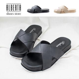 【Alberta】拖鞋 懶人鞋 摺疊樣式設計素色方頭3.5cm厚底防水涼拖鞋