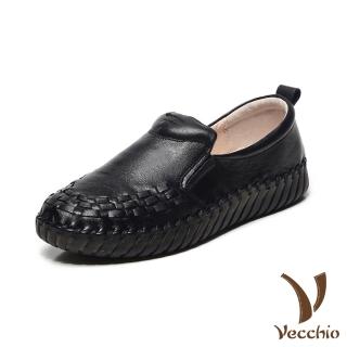 【Vecchio】真皮休閒鞋 牛皮休閒鞋/全真皮頭層牛皮編織線條舒適軟底休閒鞋(黑)