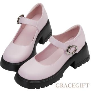 【Grace Gift】輕量圓頭厚底瑪莉珍鞋(粉紅)