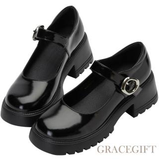 【Grace Gift】輕量圓頭厚底瑪莉珍鞋(黑漆)