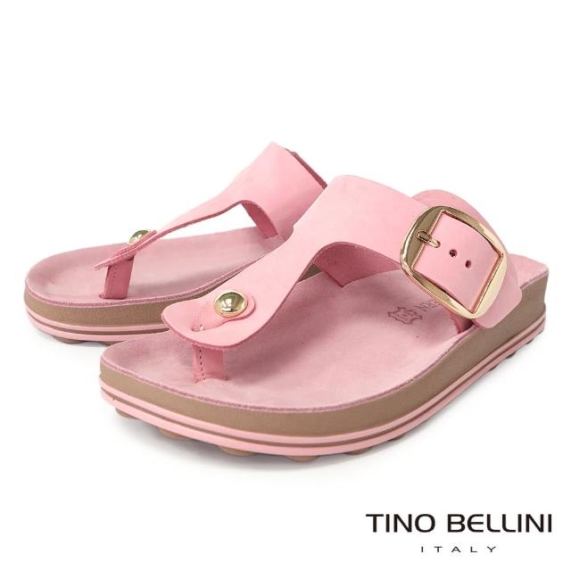 【TINO BELLINI 貝里尼】歐洲進口牛皮T字造型釦帶夾腳涼拖鞋FSQO009(粉)