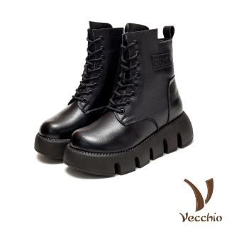 【Vecchio】真皮馬丁靴 厚底馬丁靴/真皮頭層牛皮保暖機能羊毛內裡休閒厚底馬丁靴(黑)