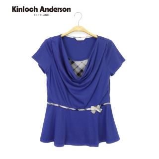 【Kinloch Anderson】優雅時尚格紋垂領剪接假兩件上衣 蝴蝶結圓領短袖上衣 T恤 金安德森女裝(深藍)